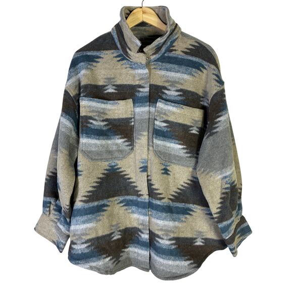 Outdoor Collection Aztec Fleece Shacket Mens L Beige Blue Button Front Western - Picture 2 of 7